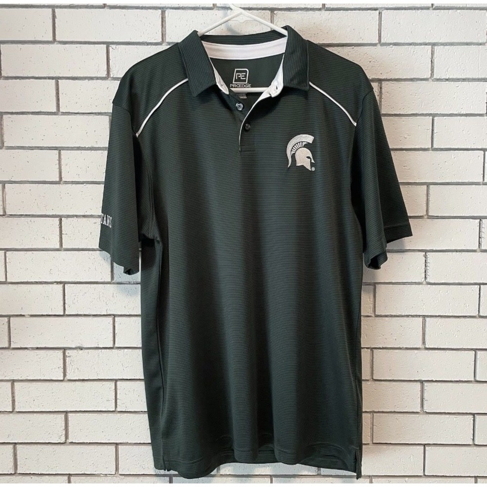 Proedge Michigan State Spartans Mens Large Green Striped Polo Shirt MSU NCAA